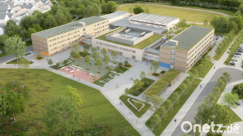 2029 soll der komplette Schulkomplex fertiggestellt sein. Auch künftig werden die Sophie-Scholl-Realschule und die Hans-Scholl-Realschule getrennt nach Mädchen und Jungen aufgebaut sein. Grafik: Vinci Facilities Solutions GmbH