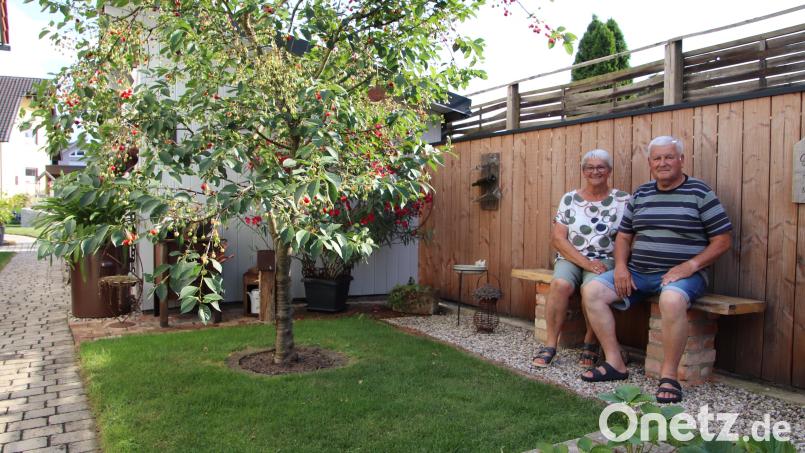 Verschiedene Sitzgelegenheiten laden im Garten an der Feldstraße zum Verweilen ein. „Wir setzen uns gern einmal hin und schauen einfach, was blüht oder was sich verändert hat“, erzählen die Schwarzenfelder Evi und Hans Koch. Bild: Thomas Dobler