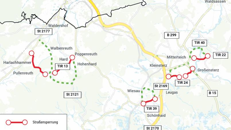 Die Karte zeigt die vier Kreisstraßen, die im Landkreis Tirschenreuth gesperrt werden und wie die Umleitungen verlaufen sollen. Bild: Franka Eichl/Quelle: Landratsamt Tirschenreuth