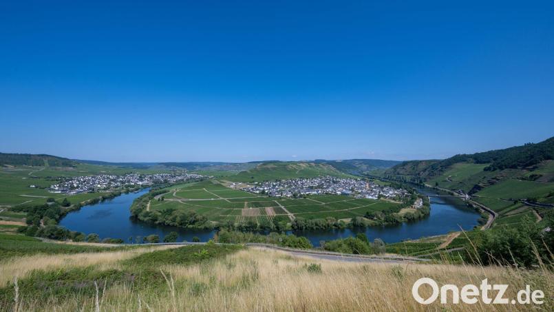 Vorerst ist der Himmel strahlend blau über der Mosel und den angrenzenden Weinbergen bei Trittenheim in Rheinland-Pfalz. Bild: Harald Tittel/dpa