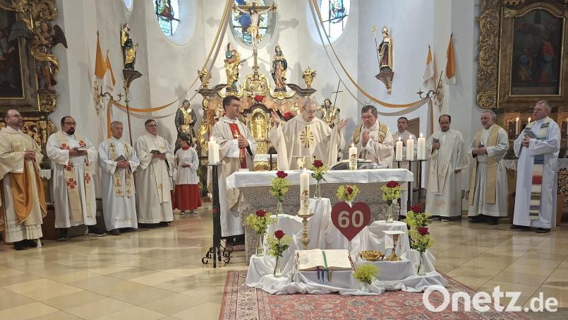 Acht Ordensbrüder sowie Pfarrer Max Früchtl (Fünfter von rechts) und Wolfgang Gebert (links), Stadtpfarrer von Wemding, feierten mit Jubilar Pater Leo (Mitte) einen eindrucksvollen Festgottesdienst zum 60-jährigen Priesterjubiläum. Bild: Martin Staffe