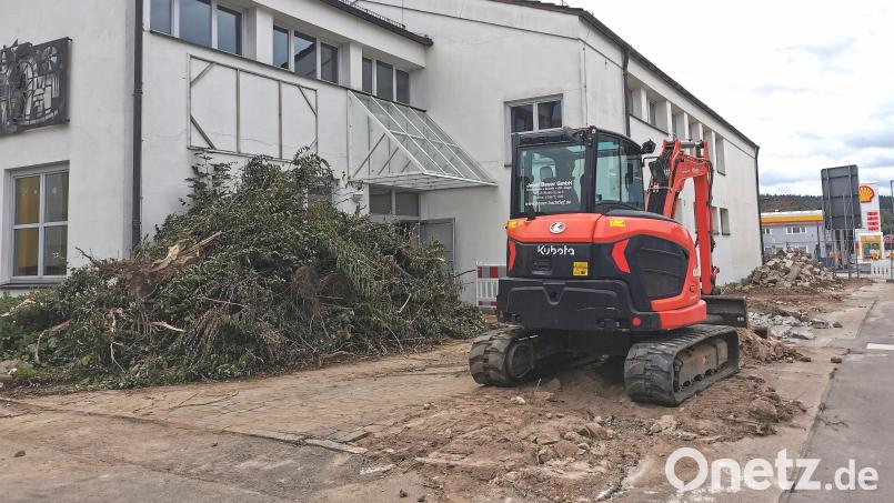 Die Baustelle zur Generalsanierung des Kindergartens "St. Marien" läuft seit einer Woche. Die Mauer sowie die Bäume und Büsche zur Staatsstraße sind bereits entfernt. Hier wird es künftig nur einen Zaun geben. Bild: Gertraud Portner