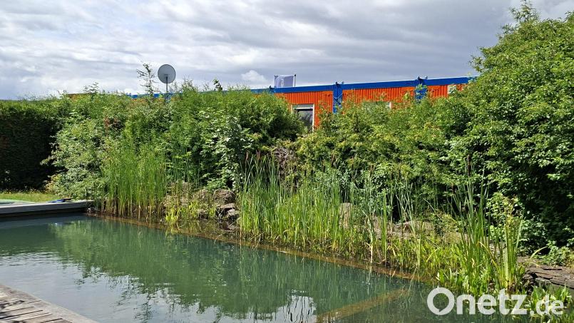 Die Idylle im Garten ihres Anwesens im Lindenweg ist durch die unmittelbar angrenzenden Container des Baulagers für den Süd-Ost-Link getrübt. Eine Anwohnerin fühlt sich durch den Partylärm und die Nähe der Container, die auch Sicht auf ihr Grundstück bieten, gestört und beschwerte sich deshalb bei der Gemeinde. Bild: Hans Prem