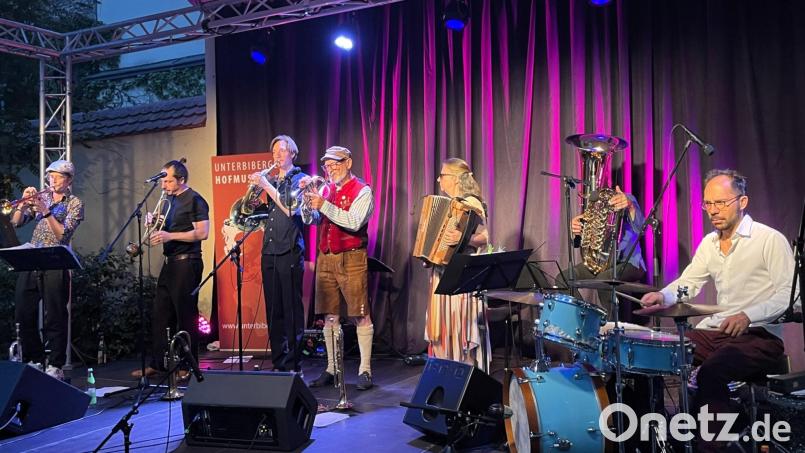 Mit bayerischer Weltmusik begeisterte die Unterbiberger Hofmusik mit (von links) Andreas Unterreiner, Xaver Maria Himpsl, Franz Josef Himpsl jun., Franz Josef Himpsl, Irene Himpsl, Florian Mayerhofer (verdeckt durch seine Tuba) und Ludwig Maximilian Himpsl beim Eröffnungskonzert des 31. Amberger Sommerfestivals sein Publikum. Bild: Susanne Schwab