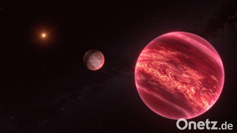 Künstlerische Darstellung des Systems um den Stern CD-35 2722. Das System besteht aus einem Stern, einem Braunen Zwerg und einem Satelliten. Bild: M. Kornmesser/ESO/dpa
