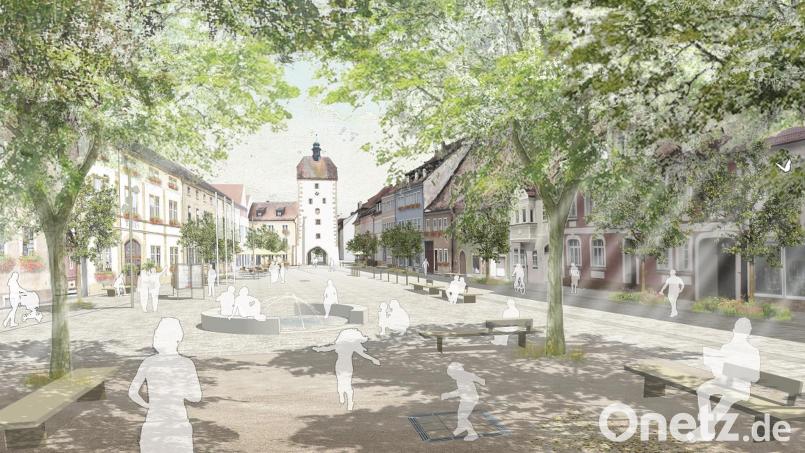 So wird das Areal: Mit sechs Großbäumen ist auf dem Marktplatz ein schattiger Aufenthaltsbereich geplant. Er soll die Aufenthaltsqualität steigern und neue Impulse für das Stadtleben setzen. Mehr Veranstaltungen und Bürgeraktivitäten könnten langfristig auch den Einzelhandel beleben, so die Planer. Bild: Stadt Vilseck