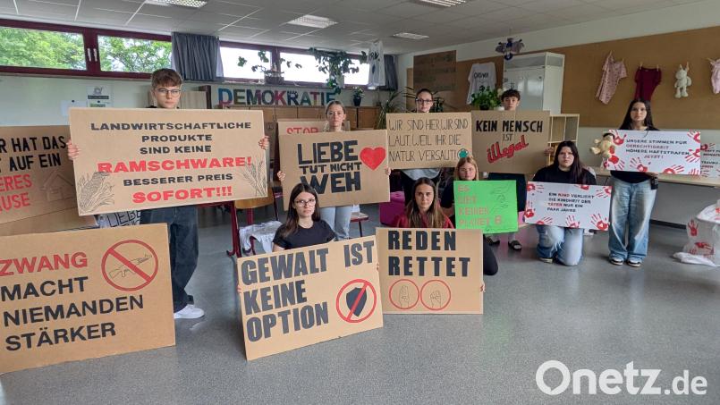 Bei der Präsentation ihrer Transparente für Oberpfalz-Medien zeigten sich die Schülerinnen und Schüler mit betont ernster Mimik. "Auch das mussten sie lernen, dass man auf Demos nicht lacht", sagt Sandy Wendt über die Mädels und Jungs in ihrer Klasse. Bild: Paul Zrenner