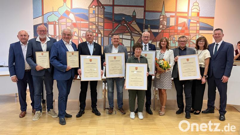 Strahlende Gesichter gab es am Ehrenabend bei 2.Bürgermeister Georg Götz, Georg Erras, Werner Koller, Hans Lederer, Martin Weiß, Brigitte Trummer, Bernhard Lindner mit Ehefrau Monika, Werner Wendl, Hahnbachs dritte Bürgermeisterin Evi Höllerer und Bürgermeister Dominik Sachsenhauser. (von links). Bild: Marianne Moosburger