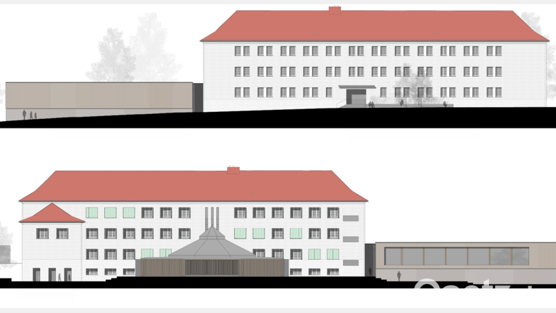 Die Ansichten der Markgraf-Diepold-Grundschule von der Schulstraße aus (oben) und die Rückseite des Schulgebäudes (unten). An der Fassade in leichtem Grünton erkennbar die Klappläden für den Sonnenschutz, die bei Bedarf vor die Fenster geschoben werden können. Grafik: Stadt Waldsassen/Diezinger-Architekten