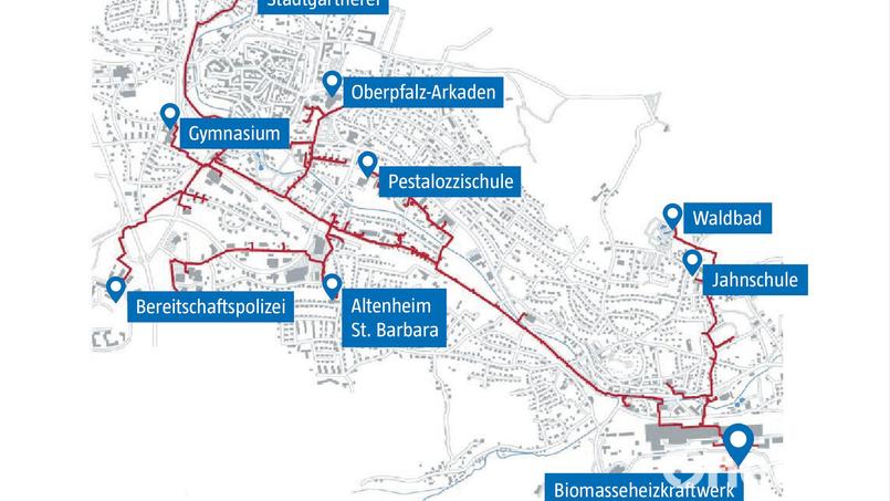 Das Fernwärmenetz von Danpower in Sulzbach-Rosenberg ist derzeit 16 Kilometer lang. Eine Verlängerung in die Altstadt hinein wird diskutiert, ist aber noch nicht entschieden. Quelle: Danpower-Gruppe Bild: Leonie Pielenhofer