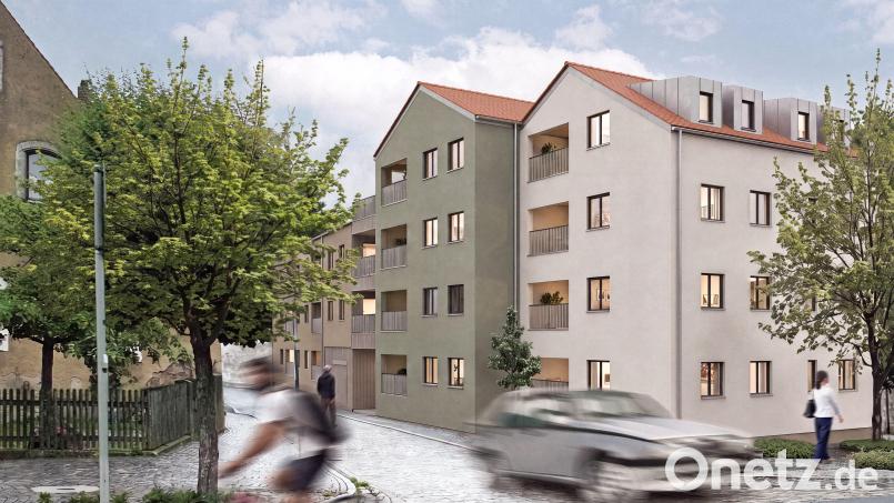 Am Vohenstraußer Marktplatz ist an der Abzweigung zur Ringgasse ein Mehrfamilienhaus mit 16 Wohneinheiten geplant. Bauherren sind Christian und Sarah Wolf, die mit ihrer Firma Wolf Projektsachen GmbH, auch ein Wärmenetz errichten wollen. Bildmontage: bildraumwest gbr