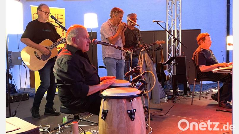 Im lauschigen Spitalhof zauberten "Ollie und die Blinden" mit Stehlampen Wohnzimmer-Atmosphäre (von links): Edi Duschner (Gitarre, Gesang), Wolfgang Engel (Gesang, Percussion), Josef Luber (Blues Harp), Christian Hoferer (Gitarre, Gesang) und Ollie Graf (Keyboard). Bild: Claudia Völkl