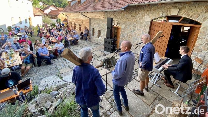 Da stehen sie, die drei Holzhauer (von links): Wolfgang Habrich, Alfred Mösenburger und Rudi Leitl. Am Piano: Johannes Raab. Bild: Ina Piehler