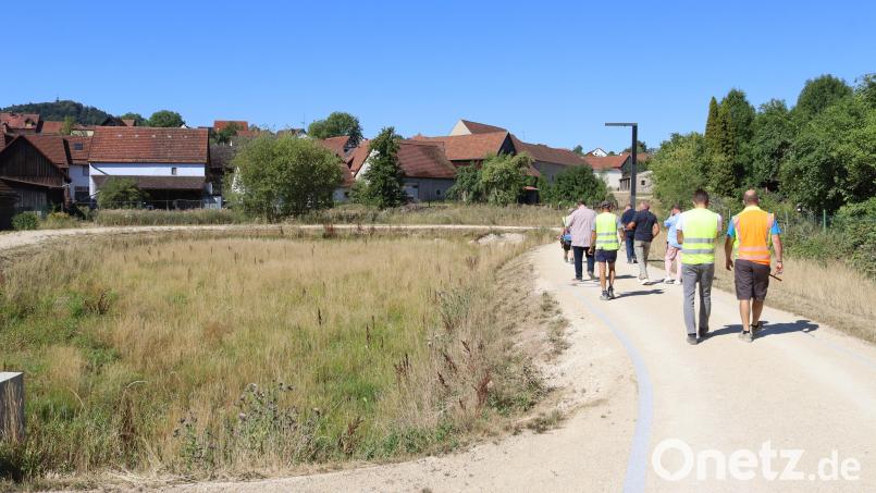 Dieser Fußweg führt von der Auerbacher Straße am linksliegenden Rückhaltebecken zum Baugebiet „Am Weihergarten“. Bild: Heidi Franitza