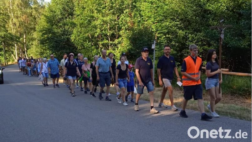 Eine große Gruppe von Wallfahrern pilgert betend hinter dem Kreuz von Schönau nach Stadlern. Bild: Annemarie Mösbauer