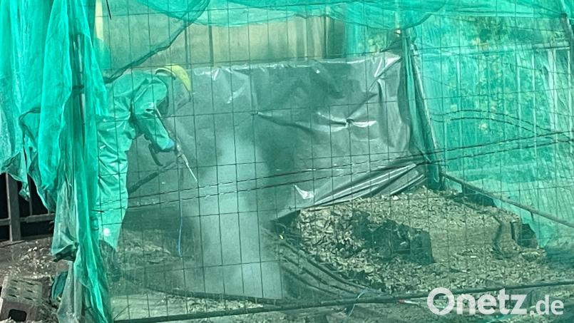 Keine alltägliche Baustelle: Man muss genau hinsehen, um den Spezialisten zu entdecken, der hier in Schutzkleidung und in einem "Käfig" mit der Hochdrucklanze Betonreste aus der Amberger Erzbergbrücke "schneidet". Bild: Staatliches Bauamt Amberg-Sulzbach/Stefan Noll