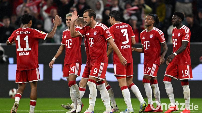 Nathaniel Brown (links) feiert mit Harry Kane und Kollegen das 1:0 der Bayern gegen den VfB Stuttgart. Am Ende siegten die Münchener mit 5:1. Bild: Sven Hoppe/dpa