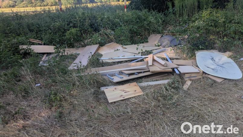Holzplatten, Möbelteile und Metall: An einem Waldstück bei Oberwildenau wird immer wieder illegal entsorgter Müll gefunden. Die Polizei Neustadt/WN ermittelt. Bild: Christine Walbert