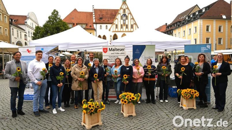 Oberbürgermeister Michael Fritz (Achter von links) eröffnete die Infomeile Demenz am Amberger Marktplatz. Regionale Fachstellen informierten dort gebündelt über ihre Angebote. Bild: Simon Hauck, Stadt Amberg