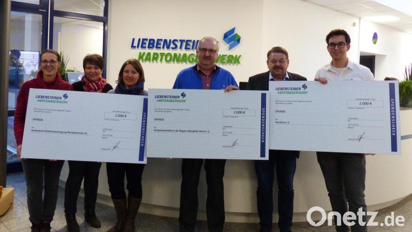 Im Bild (von links): Dr. Margarete Pickert (ärztliche Leitung Palliativversorgung), Marion Forster (Geschäftsführung Liebensteiner Kartonagenwerk), Martina Weiss (Palliative Care Fachkraft), Herbert Putzer (1.Vorsitzender Kinderkrebshilfe), Bernhard Schön (Geschäftsführer Liebensteiner Kartonagenwerk), Dennis Peschel (Protokollführer Karolina e.V.) Bild: exb