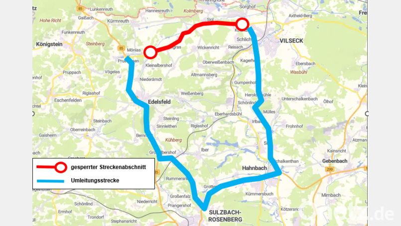 Umleitungsstrecke für die Vollsperrung der St2166 zwischen Mönlas und Vilseck Bild: Staatliches Bauamt Amberg-Sulzbach