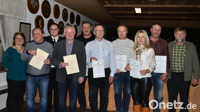 Hans Preßl, Max Voit, Eugen Frölich, Franz Peintinger, Gregor Jäger, Kerstin Krämer-Höreth und Michael Bogner (von links, mit Urkunden) lassen sich ihre Auszeichnungen für langjährige Treue nicht entgehen. Bild: fjo