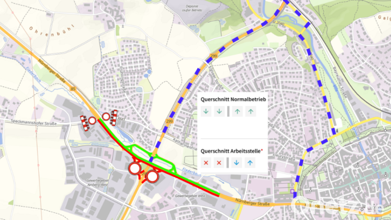 Im Bereich des „Amberger Schmetterlings“ werden die Richtungsfahrbahnen in zwei getrennten Bauphasen gesperrt. Es werden Umleitungen eingerichtet. Bild: Staatliches Bauamt Amberg-Sulzbach