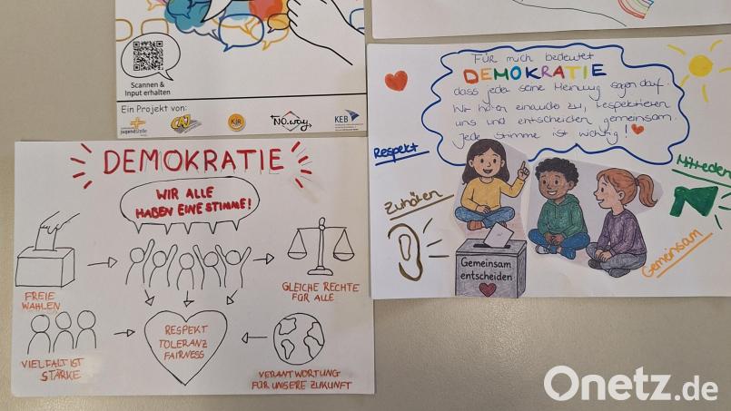 Unter dem Motto „Demokratie braucht Stimme“ haben Kinder, Jugendliche und Erwachsene Postkarten gestaltet. Diese werden bei der Langen Nacht der Demokratie am 2. Oktober im ersten Obergeschoss des Nordoberpfalz-Centers (NOC) ausgestellt. Bild: Michaela Hahn