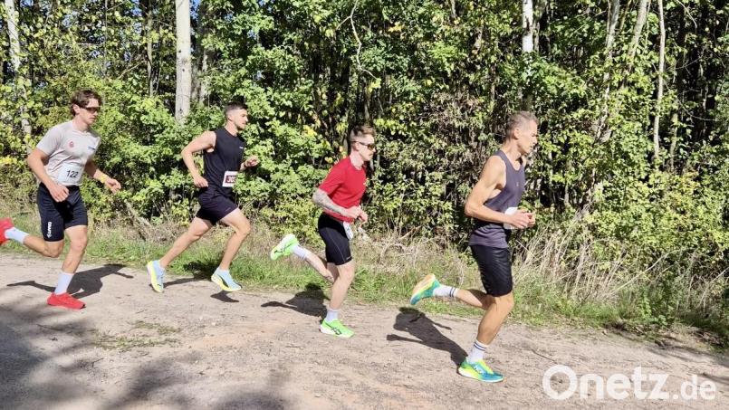 Mehrere Sieger auf einem Bild: Am Ende setzte sich Simon Grünwald, SCMK Hirschau (rotes Trikot) als Gesamtsieger über 9 Kilometer durch. Dahinter der spätere Sieger des Jedermann-Laufs über 4,5 Kilometer Marcel Honig, gefolgt von Niklas Blaschke, der die Jugendklasse gewonnen hat. Bild: Christian Lingl