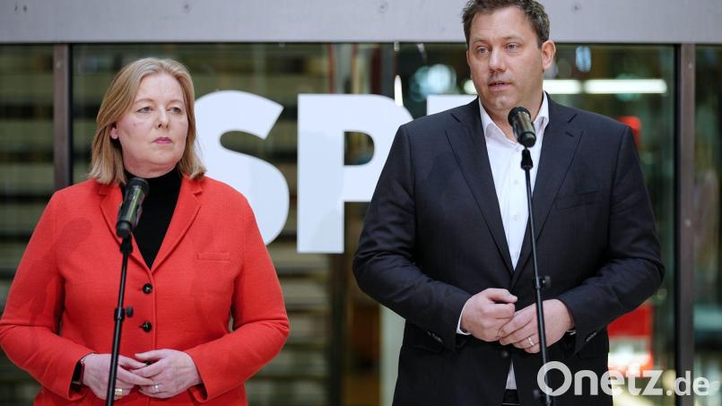 Die SPD-Vorsitzenden Bas und Klingbeil nehmen die Linke in die Pflicht. Bild: Kay Nietfeld/dpa