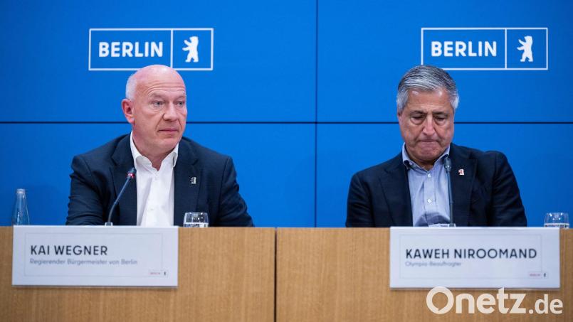Berlins Regierender Bürgermeister Kai Wegner (l) und der Olympia-Beauftragte Kaweh Niroomand erklärten den Rückzug bei der Olympia-Bewerbung. Bild: Christophe Gateau/dpa