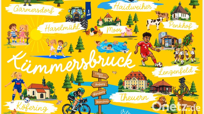 Dieses Wimmelbild gab es in Kümmersbruck heuer zum Schulanfang als Hintergrund auf einem Stundenplan gedruckt. Hier wurde Nene Brown im Bayern-Trikot verewigt. Bild: Tom Beer