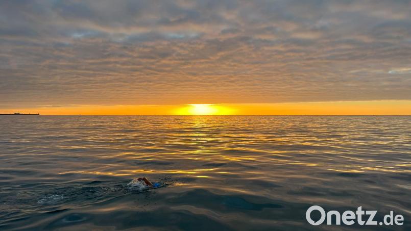 Die Küste bei Dover. Am Horizont die aufgehende Sonne und vorne im Wasser Rouven Oeckl bei seinen ersten Metern im offenen Meer. Bild: Lisa Marie Oeckl