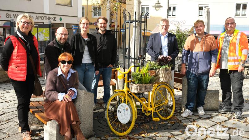 Sie unterstützen die Aktion "bunte Fahrräder in der grünen Schwandorfer Innenstadt" (von links): Christine Baringer, Elisabeth Hirzinger, Alexander Schwarzhuber, Christine Rester, Thomas Elgass, Oberbürgermeister Andreas Feller, Tobias Bergmann und Jürgen Liebl. Bild: Rudolf Hirsch