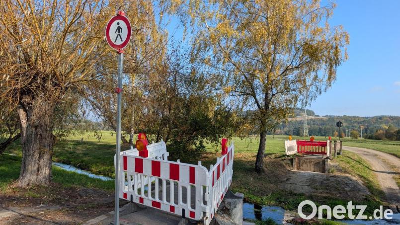 Am Hammerweg in Weiden – am Ende der Johann-Sebastian-Bach-Straße – ist die Holzbrücke verschwunden. Mitten in der Natur stehen nun Baustellenabsperrungen und ein Verbotsschild für Fußgänger. Bild: wüw