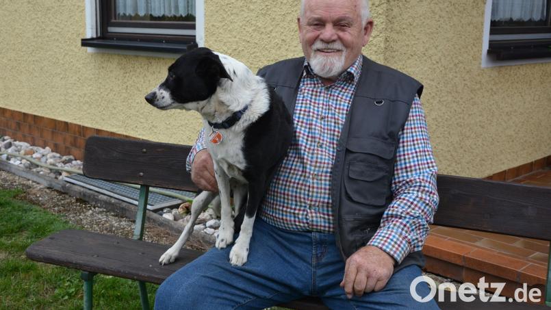 Vladislav Migula hat es sich mit seiner Hündin "Sissi" auf der Gartenbank gemütlich gemacht. Am Samstag feiert er seinen 80. Geburtstag. Bild: Josef Rosner