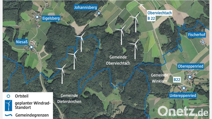 Beim Sattelroß zwischen Oberviechtach und Dieterskirchen sollen sechs Windräder entstehen. Grafik: Annalena Rubey