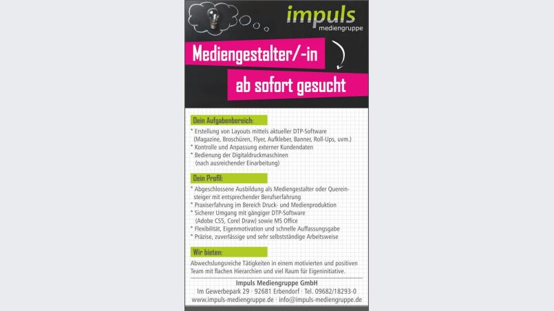 Die Impuls Mediengruppe GmbH sucht eine Verstärkung zur Erweiterung des Teams. Bild: exb