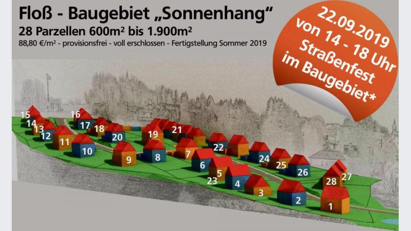 Im Baugebiet &quot;Sonnenhang&quot; gibt es Parzellen zwischen 600 und 1900 Quadratmeter Größe. Grafik: Raiffeisenbank Floß eG
