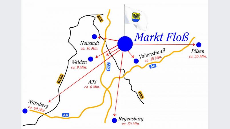 Nicht nur landschaftlich schön gelegen, sondern auch verkehrsgünstig: zentrale Orte für Einkauf, Arbeit und Kultur sind schnell zu erreichen. Floß selbst bietet ebenfalls eine gute ökonomische und gesellschaftliche Infrastruktur, unter anderem mit Kindergärten, Schulen, Einzelhandelsgeschäften, Gaststätten und Beherbungsbetrieben. Grafik: Siehe Sammelvermerk