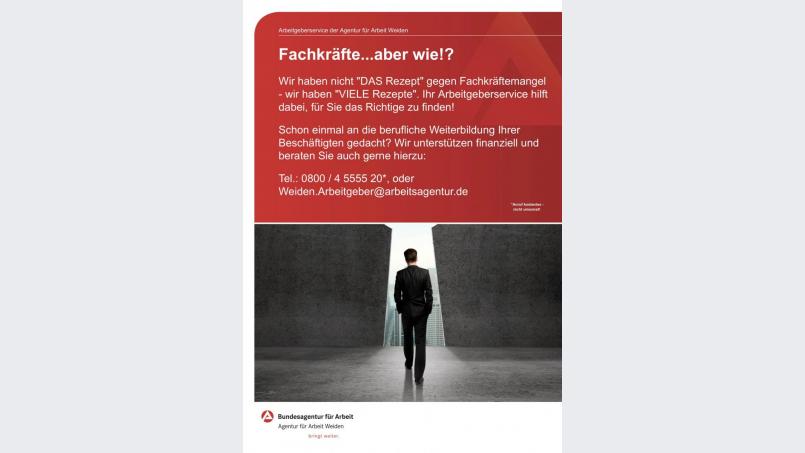 Fachkräftemangel? Der Arbeitgeberservice hilft gerne weiter: kostenfreie Telefonnummer 0800 4555520. Grafik: Agentur für Arbeit Weiden