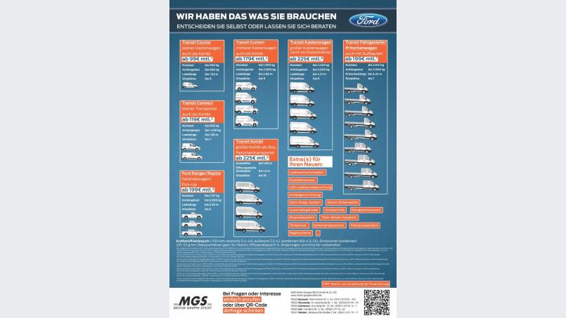 Die Modellpalette der Ford-Nutzfahrzeuge im Überblick. Bild: MGS Sticht