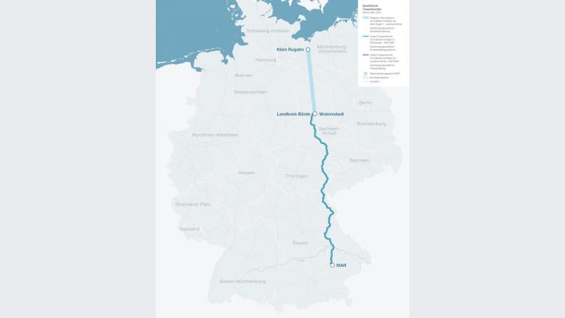Die Route des SuedOst-Link mit der Verlängerung an die Ostsee (hellblau) und dem bereits länger geplanten Abschnitt zwischen Wolmirstedt und Landshut (dunkelblau). Bild: exb