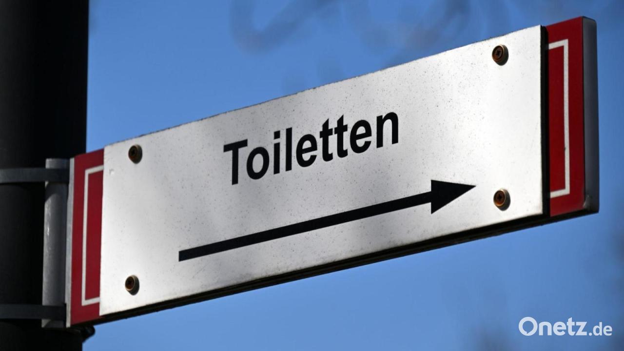 Mann-bel-stigt-Frau-mit-Penis-durch-Loch-in-Toilettenwand