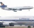 Eine MD-11F der Lufthansa-Cargo landet auf dem Frankfurter Flughafen. Im Vordergrund eine Lufthansa Boeing 747-8 im Retrolook. 	Bild: Arne Dedert/dpa