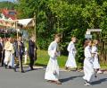 Mitglieder der Kirchenverwaltung und des Pfarrgemeinderats tragen bei der Flurprozession am Sonntag den Baldachin, unter dem Pfarrer Helmut Süß die Monstranz mit dem eucharistischen Brot mitführt.  	Bild: ü