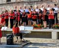Bild: fdl
Der gastgebende Gemischte Chor des Gesangvereins 1860 überzeugt bei der Mittsommerserenade im Schlosshof insbesondere bei seinen deutschsprachigen Liedbeiträgen. Am Piano werden die Sänger wie auch Sopran-Solistin Jana Müller (vor der Bühne stehend) von Iryna Herrmann (sitzend) begleitet.