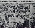 Bild: Wilck
Vereint im Protest: Hunderte von Bürgern beteiligten sich am 23. August 1968 in Weiden an der Demonstration gegen den Einmarsch in der Tschechoslowakei. Mit dabei auch der spätere Kulturamtsleiter Bernhard M. Baron (vordere Reihe mit Brille und verschränkten Armen), der in den Folgejahren enge Kontakte zu Schriftstellern aus dem Nachbarland auf- und ausbaute.