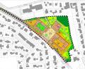 Bild: Landschaftsarchitektur Lösch
Die Dientzenhofer Straße führt relativ zentral aufs Gelände, das neben einem Waldspielplatz (dunkelgrüne Fläche) auch ein Bürgerhaus (davor) mit 1900 Quadratmetern, ein neues Rathaus (links unten), einen Einkaufsmarkt (oben im rechten Gebäudeblock) sowie Platz für Wohnungen, Läden und Praxen vorsieht.