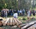 Bild: bey
Vorne bereits auf Länge geschnittenes Holz, hinten noch „unter Spannung“ liegende Baumstämme. Beim Beseitigen der Sturmschäden sollen die Waldbesitzer Ruhe bewahren, um lebensgefährliche Situationen zu vermeiden. Tipps geben Michael Bock (gestreiftes Shirt), Andrea Sauer (links), Jörg von Krieglstein (rechts) und Georg Forster (Dritter von rechts).